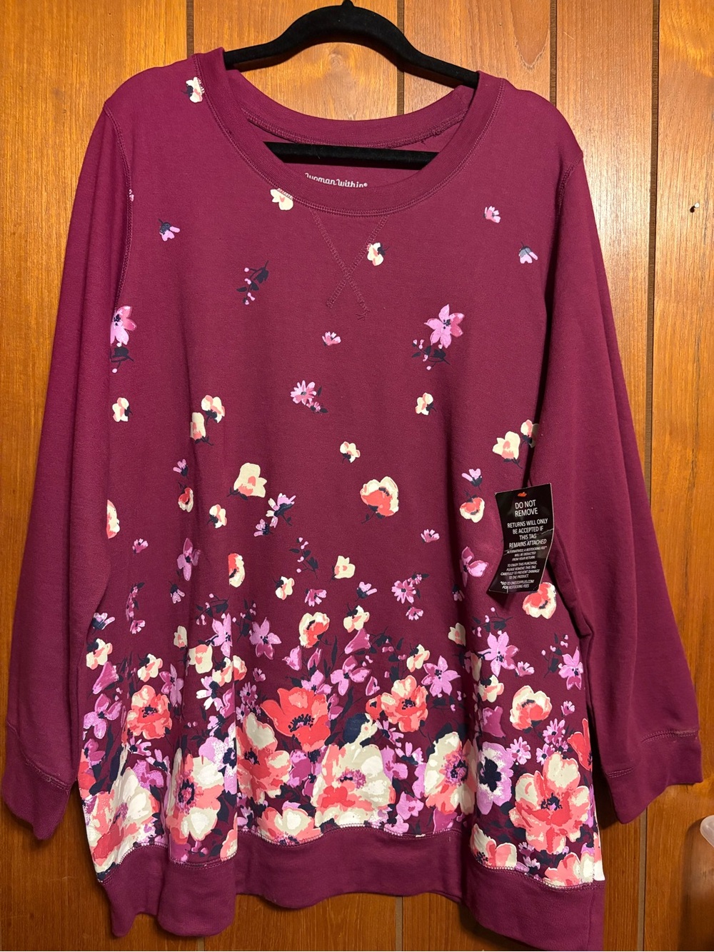 NWT Woman Within Plum Floral Crewneck Sweatshirt with Pink & Cream Accents